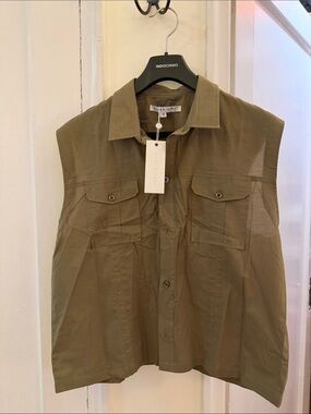 Parke & Ronen Olive Green Sleeveless Button-Down Utility Shirt